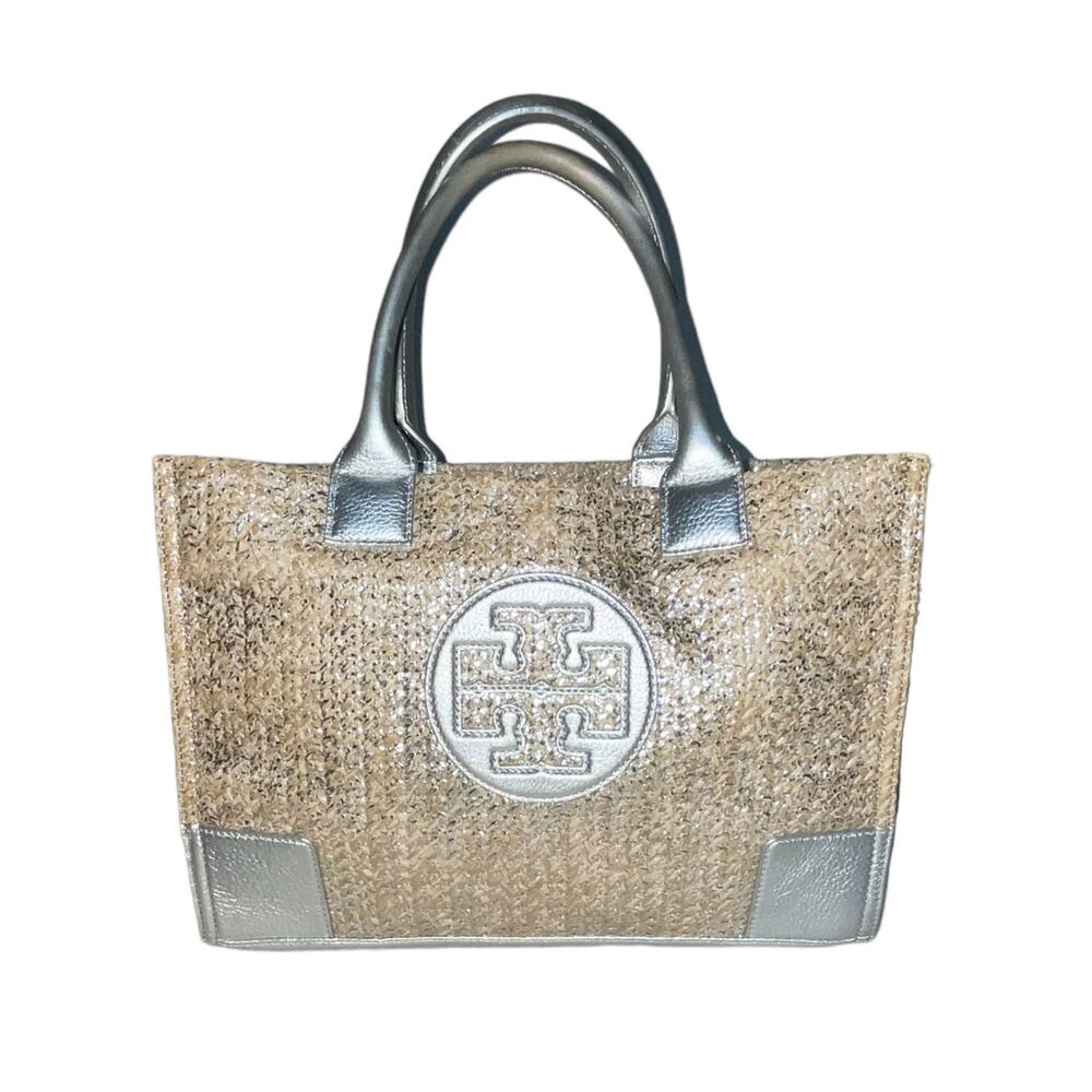 Tory Burch Ella Metallic Straw Raffia Tote with leather trim and accents